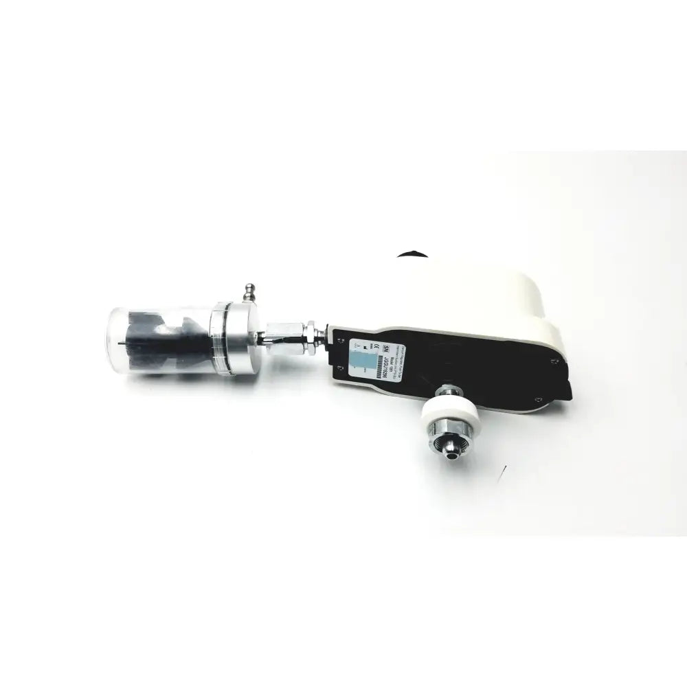 White and black ohio medical vacuum regulator with transparent housing and metallic fittings for intermittent suction model 1251
