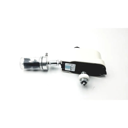 White and black ohio medical vacuum regulator with transparent housing and metallic fittings for intermittent suction model 1251