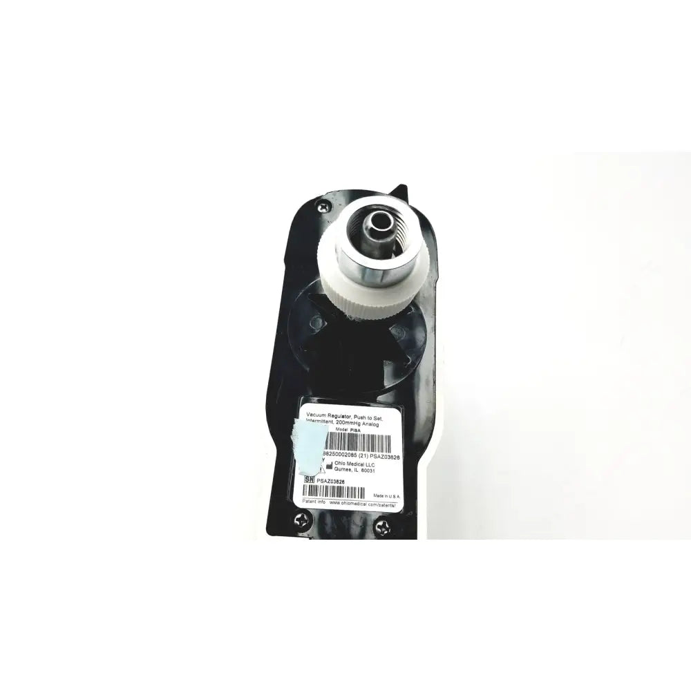 Black plastic ohio vacuum regulator with silver metallic threaded fitting and white rubber gasket model pisa 200mmHg analog