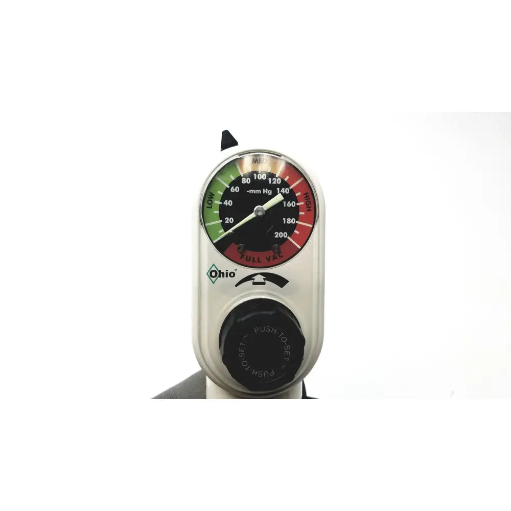 White ohio vacuum regulator with circular mm hg dial and color coded zones for low normal and high pressure model pisa