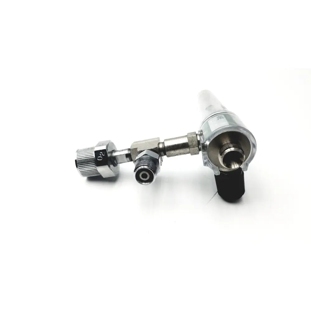 Silver metallic ohmeda oxygen flowmeter ahe with black rubber tip and engraved o2 marking on the knob model a30473