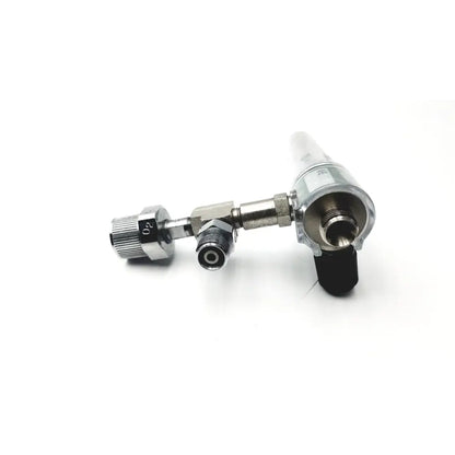 Silver metallic ohmeda oxygen flowmeter ahe with black rubber tip and engraved o2 marking on the knob model a30473