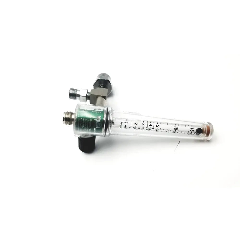 Clear plastic ohmeda oxygen flowmeter ahe a30473 with green label and black adjustment knob for medical use
