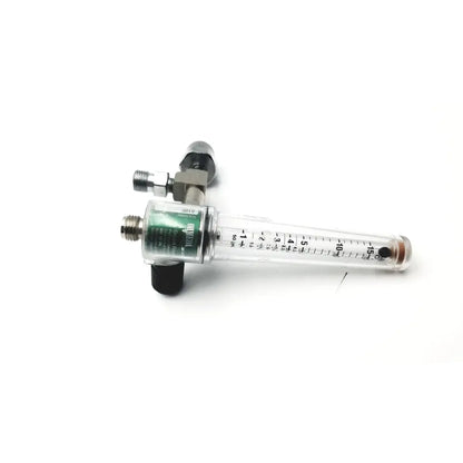 Clear plastic ohmeda oxygen flowmeter ahe a30473 with green label and black adjustment knob for medical use