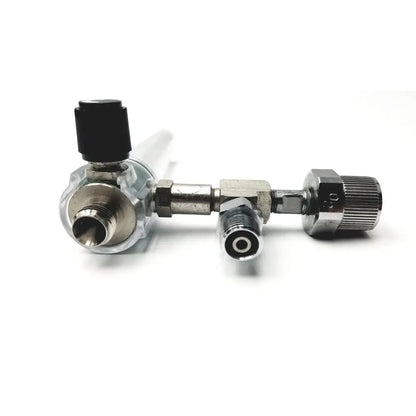 Silver metallic ohmeda oxygen flowmeter ahe a30473 with black knob and threaded fittings for precise oxygen control