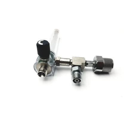 Silver metal ohmeda oxygen flowmeter ahe a30473 with black knob and transparent cylindrical body for precise flow control