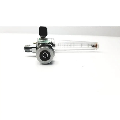 Silver metallic ohmeda oxygen flowmeter ahe a30473 with transparent glass tube and black knob for precise flow control