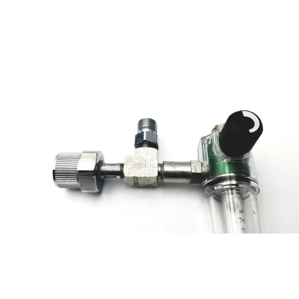 Silver metallic ohmeda oxygen flowmeter ahe a30473 with black knob and transparent cylindrical filter housing