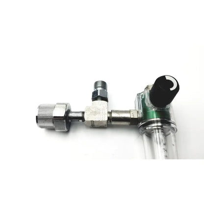 Silver metallic ohmeda oxygen flowmeter ahe a30473 with black knob and transparent cylindrical filter housing