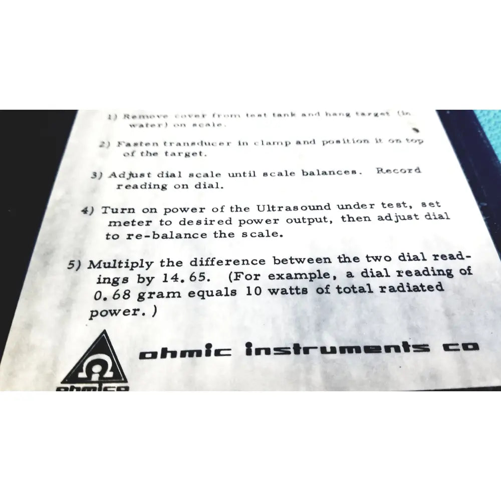 Black and white printed instruction sheet from ohmic instruments for the upm-30 ultrasound power meter scale