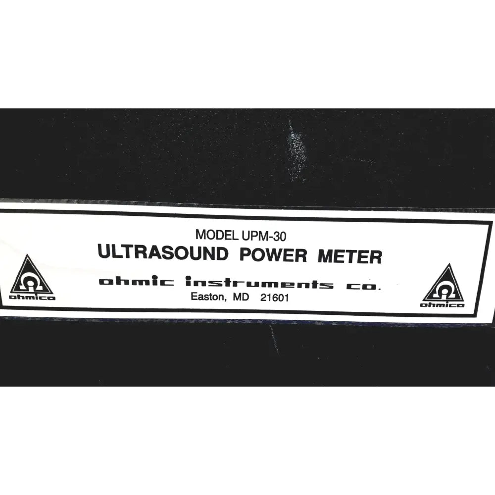 Black and white label for ohmic instruments upm-30 ultrasound power meter scale showing model and specifications