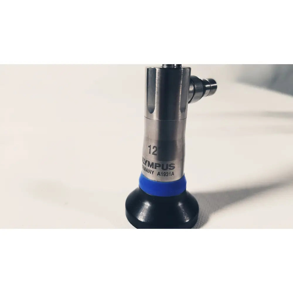 Silver and black olympus a1931a autoclavable 4mm 12 degree telescope with a blue band near the base