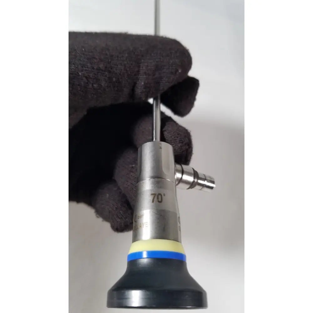 A metallic olympus a1933a 4mm surgical endoscope with 70 degree angled tip and black rubberized base with blue yellow accents