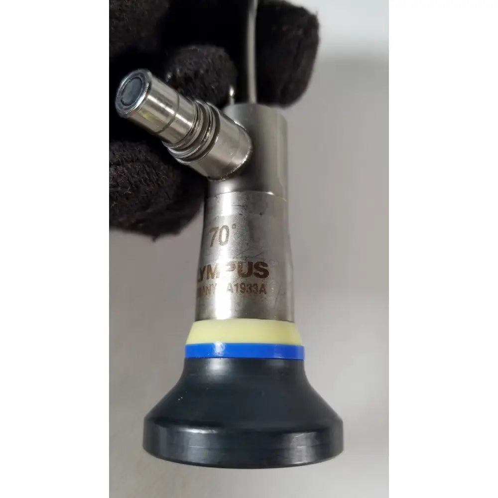 Silver olympus a1933a 4mm endoscope with black rubberized base and yellow blue band model a1933a for medical use