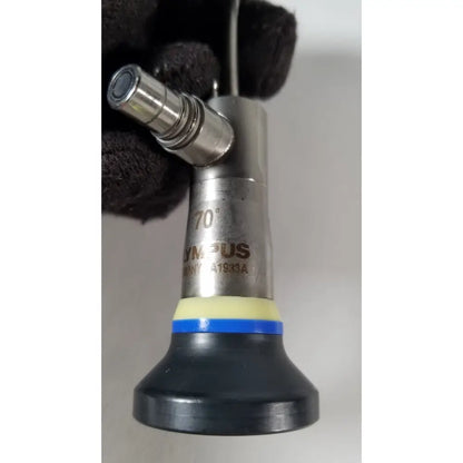 Silver olympus a1933a 4mm endoscope with black rubberized base and yellow blue band model a1933a for medical use