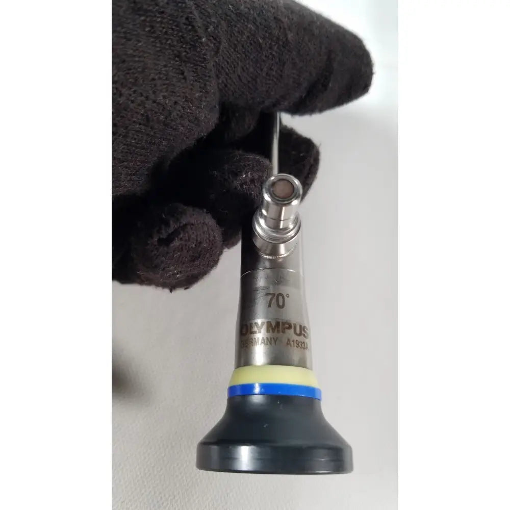 Silver metallic olympus a1933a 4mm endoscope tip with black base and yellow-blue band marked 70 degree model a1933a