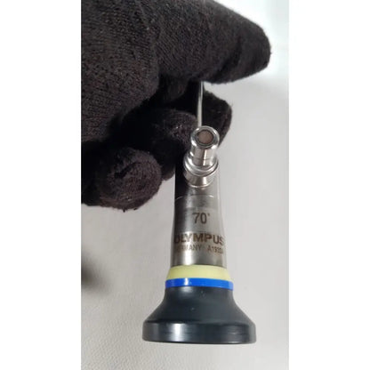 Silver metallic olympus a1933a 4mm endoscope tip with black base and yellow-blue band marked 70 degree model a1933a