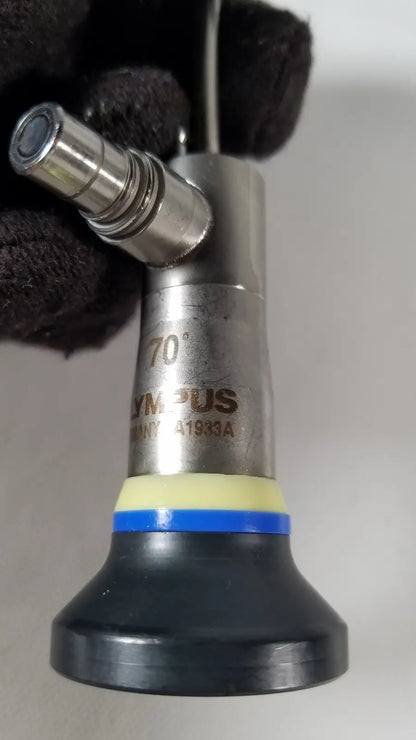 Silver olympus a1933a 4mm endoscope with black rubberized base and yellow blue band model a1933a for medical use