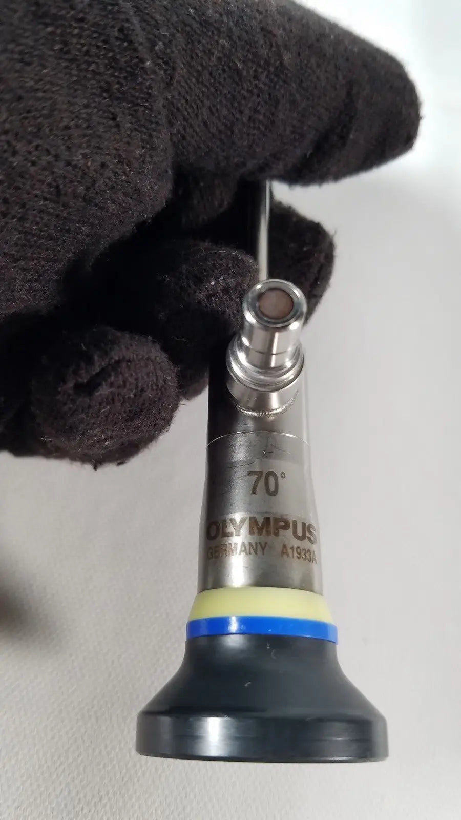 Silver metallic olympus a1933a 4mm endoscope tip with black base and yellow-blue band marked 70 degree model a1933a