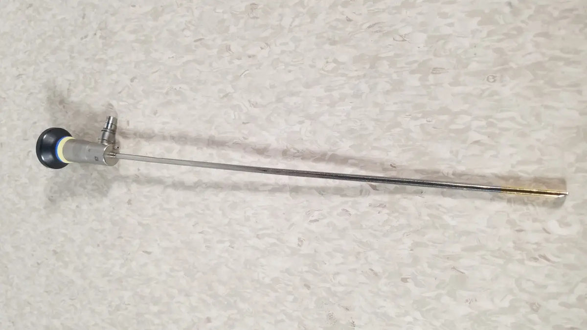 Silver olympus a1933a autoclavable surgical rigid endoscope with black and white capped tip angled at 70 degrees