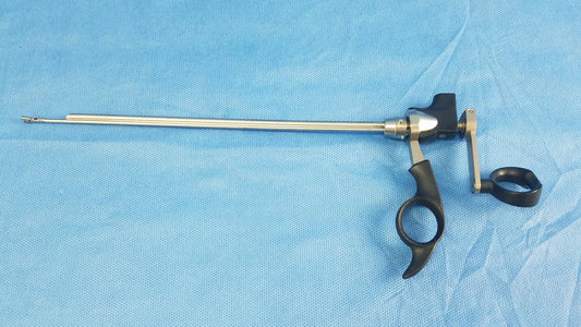 Black-handled Olympus A20713A optical biopsy spoon forceps with long metallic shaft and articulated joint for 30° telescope