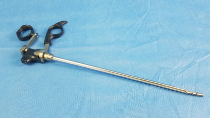 Olympus A20718A optical grasping forceps with black handles and long metallic shaft with articulated joints