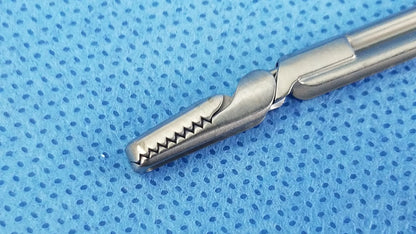 Silver olympus a20718a optical grasping forceps with serrated toothed tip and polished metallic handles