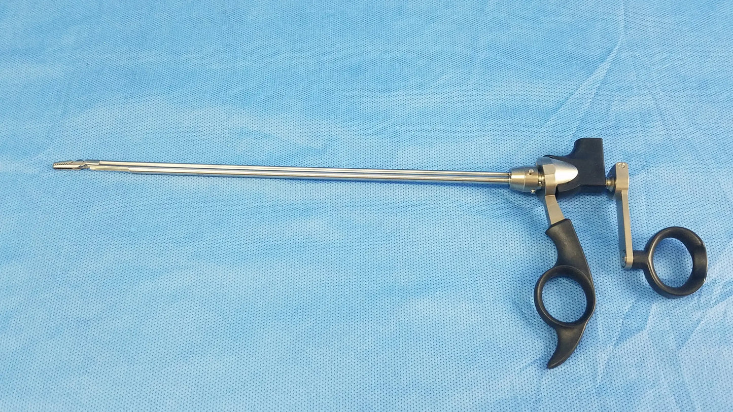Olympus A20718A optical grasping forceps with silver metal body, black ergonomic handles, and curved metallic joints