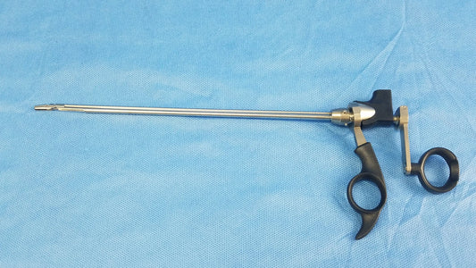 Olympus A20718A optical grasping forceps with silver metal body, black ergonomic handles, and curved metallic joints
