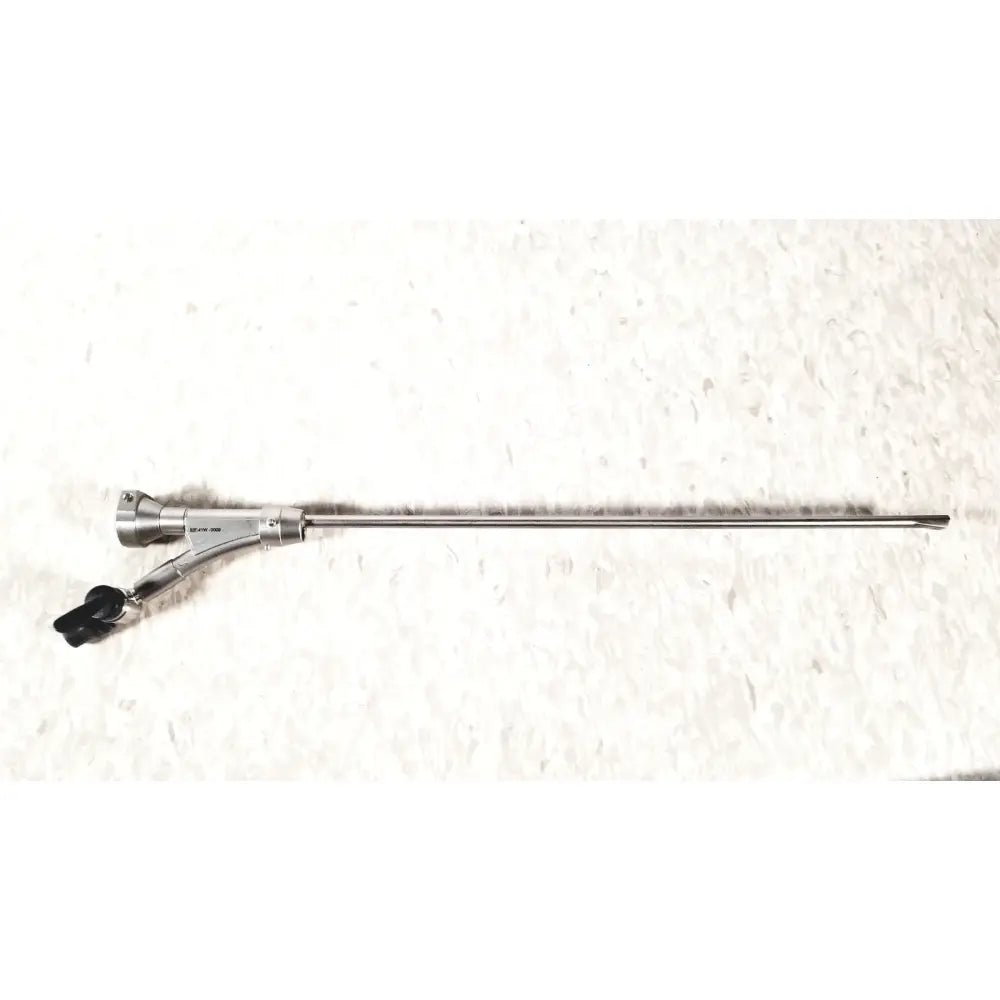 Silver surgical olympus a20975a endoscope bridge with slender metallic shaft and black handled controls a20975a endoscope