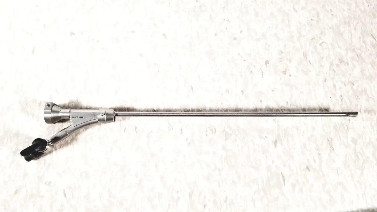 Silver surgical olympus a20975a endoscope bridge with slender metallic shaft and black handled controls a20975a endoscope