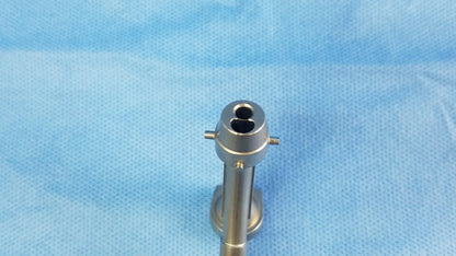 Silver surgical telescope cysto bridge with cylindrical shaft and dual channel circular head compatible olympus A20977A