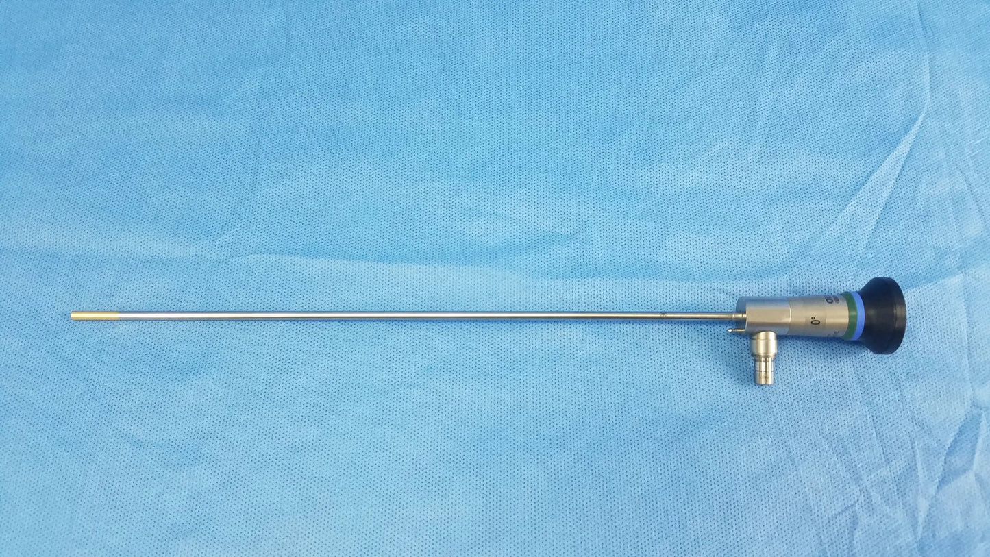 Silver surgical endoscope with black tip and metallic joints compatible with Olympus cystoscopic systems a22000a model