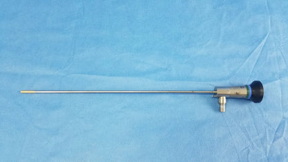Silver surgical endoscope with black tip and metallic joints compatible with Olympus cystoscopic systems a22000a model
