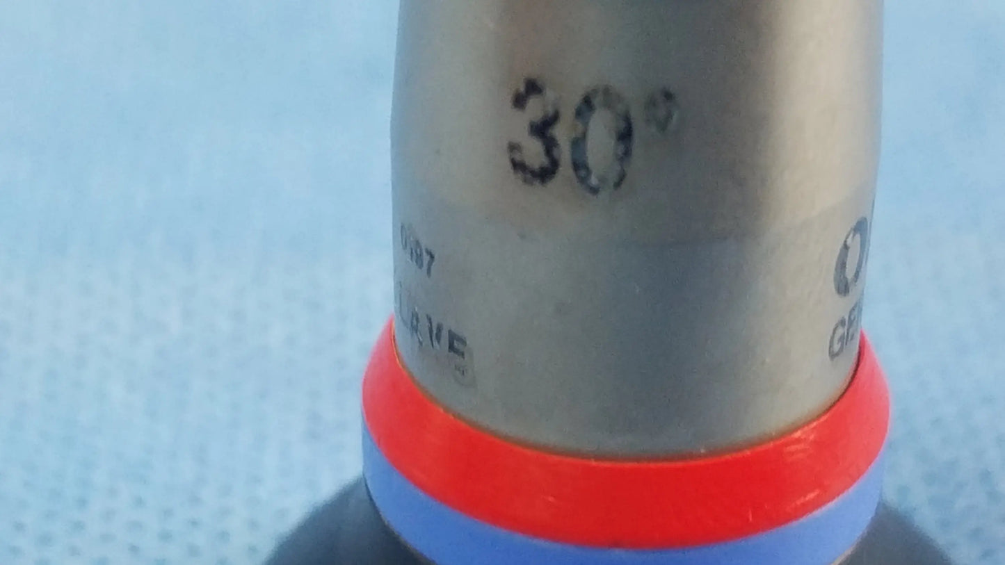 Silver metallic a22002a cylindrical component with red and blue rings marked 30° for compatible olympus cystoscopic systems