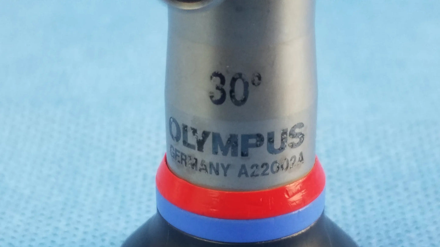 Silver metallic olympus a22002a 30° autoclavable cystoscope lens with red and blue ring accents for compatible olympus cystoscopic systems