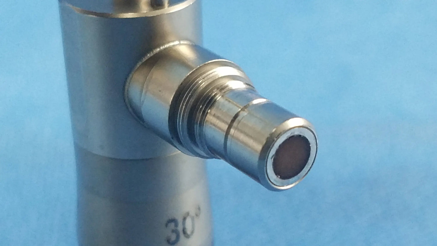 Silver metallic autoclavable cystoscope with 30 degree angled connector and threaded fittings for compatible Olympus cystoscopic systems A22002A