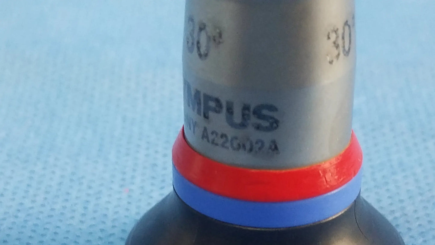 Silver metallic 30 degree autoclavable cystoscope tool head with red and blue bands for a22002a compatible olympus cystoscopic systems