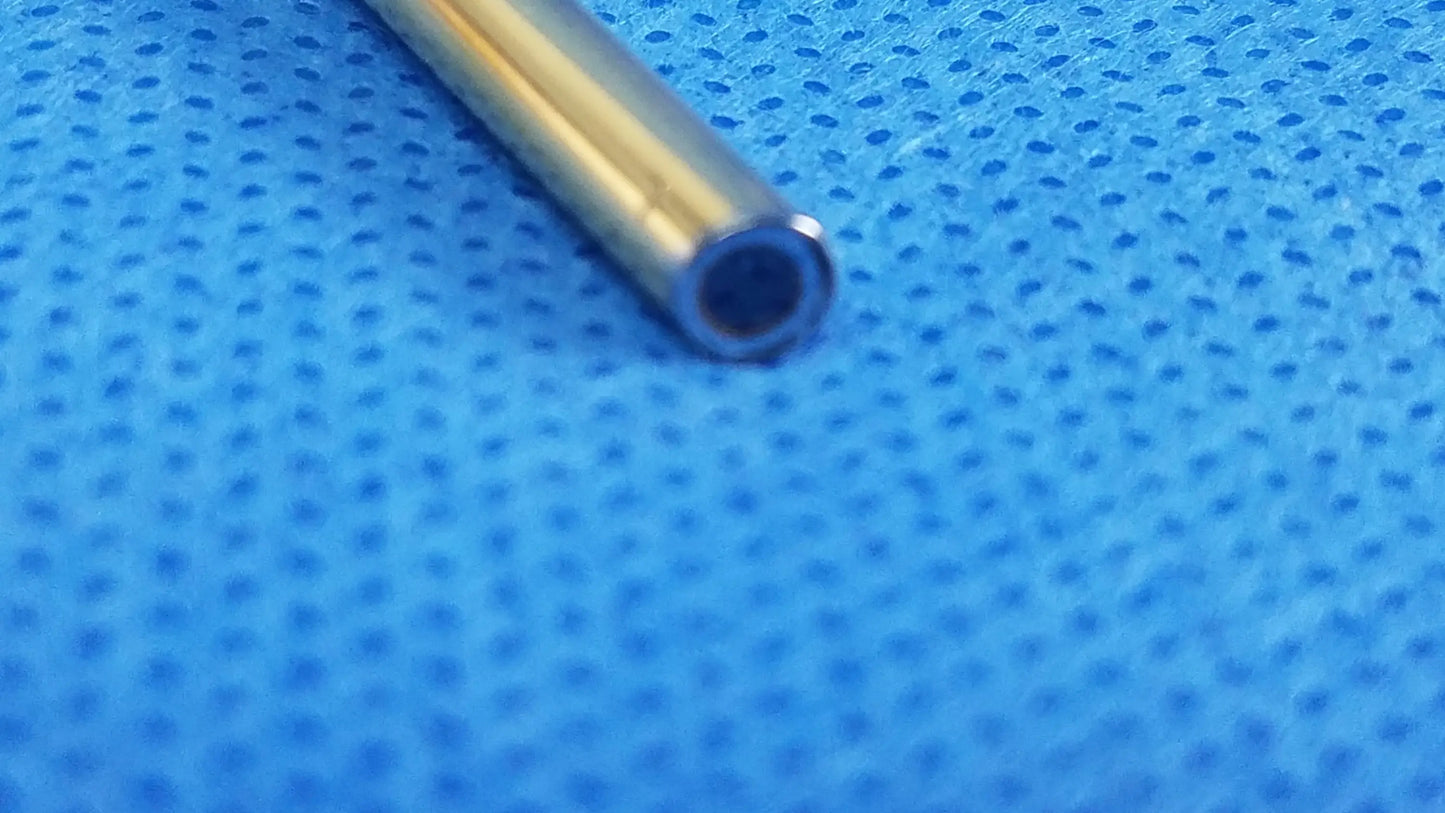 A sleek gold metal tube with polished finish and hollow interior for compatible olympus cystoscopic use a22002a