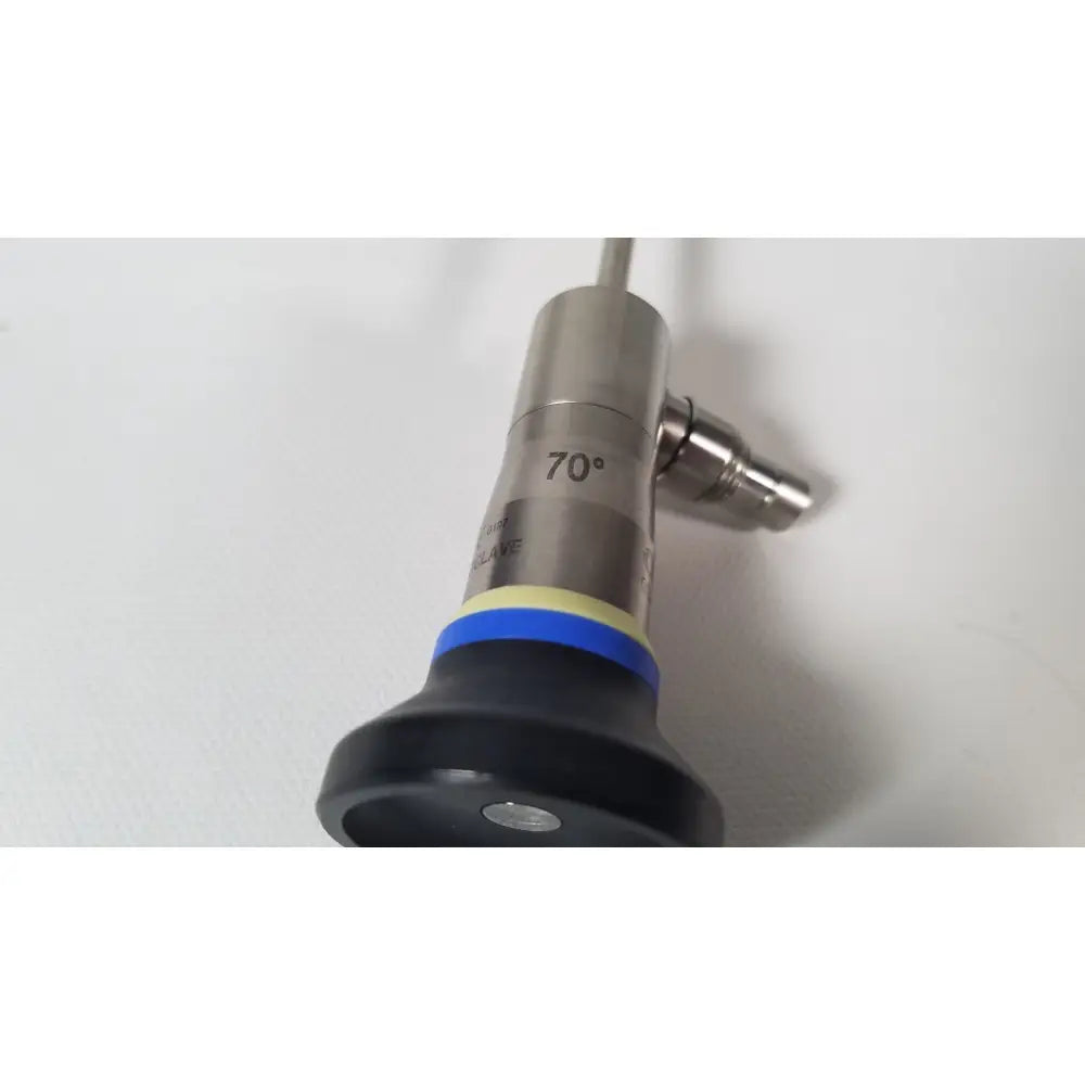 Silver metallic olympus a22003a 4mm 70 degree endoscope with black rubber grip and blue accent band marked 70°