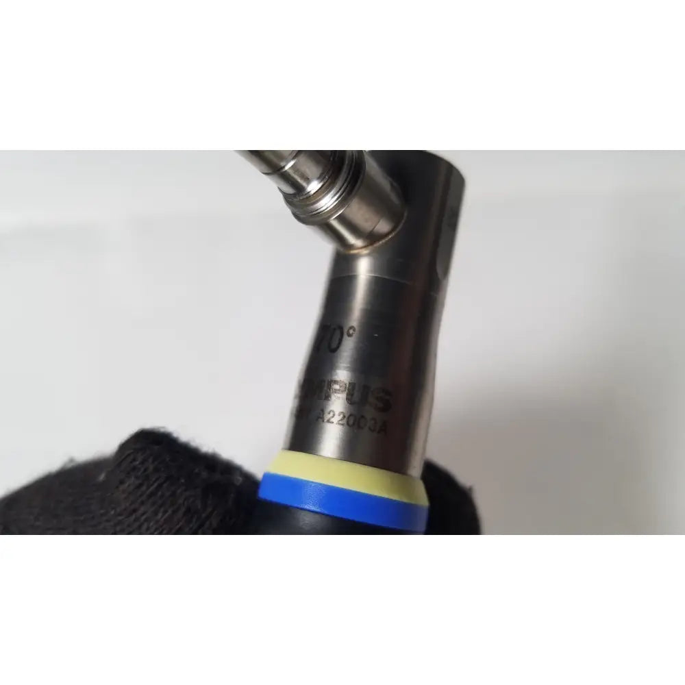 Silver metallic angled nozzle with blue and yellow bands marked 70 degrees for olympus a22003a 4mm scope