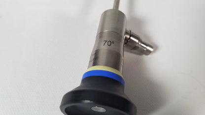 Silver metallic olympus a22003a 4mm 70 degree endoscope with black rubber grip and blue accent band marked 70°