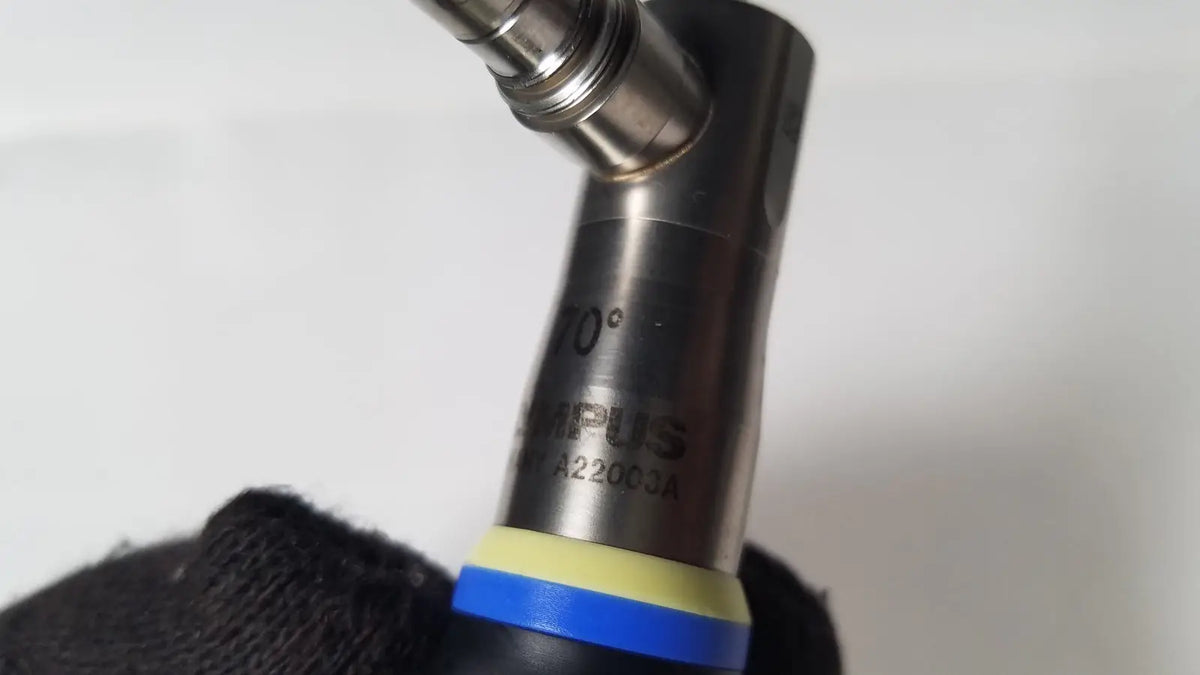 Silver metallic angled nozzle with blue and yellow bands marked 70 degrees for olympus a22003a 4mm scope