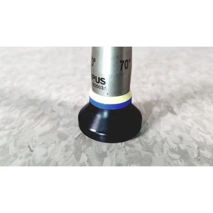 Silver metallic angle gauge with black rubber base and blue-yellow ring for olympus a22003a 4mm 70º cystoscope