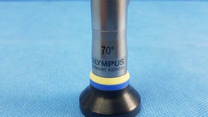 Silver Olympus A22003A rigid scope with 70-degree angled tip, black rubber base, yellow-blue rings for Olympus endoscopic systems