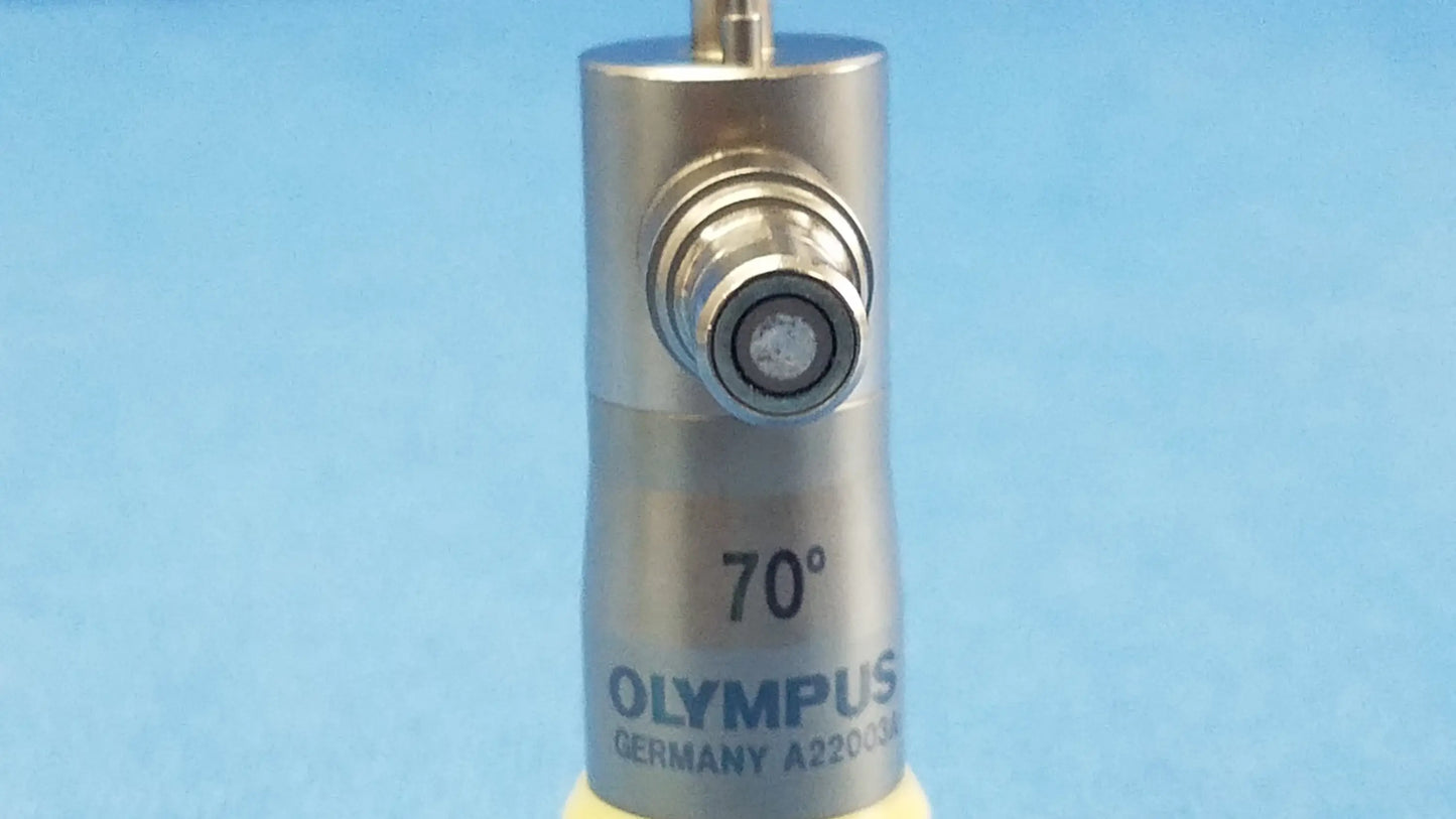 Silver metallic olympus a22003a rigid scope 70 degree lens with threaded mount and engraved markings for compatible olympus endoscopic systems