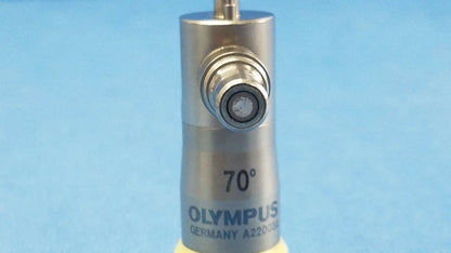 Silver metallic olympus a22003a rigid scope 70 degree lens with threaded mount and engraved markings for compatible olympus endoscopic systems