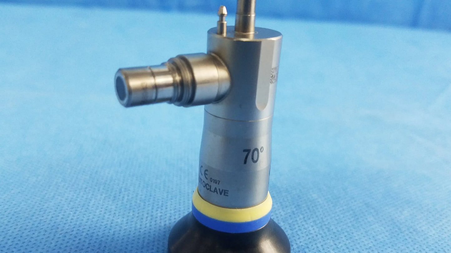 Silver metallic olympus a22003a rigid scope with 70 degree angled tip and yellow-blue ring compatible olympus endoscopic systems