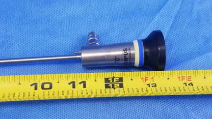 Silver metallic rigid scope with black and blue grip marked 70 degrees compatible olympus endoscopic systems