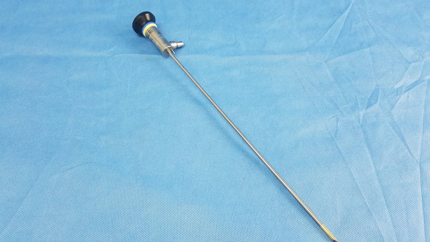 Silver rigid scope with black-tipped handle and metallic shaft compatible with Olympus endoscopic systems model A22003A 70º degree